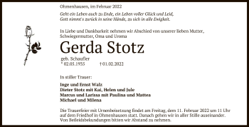 Anzeige von Gerda Stotz von Reutlinger General-Anzeiger