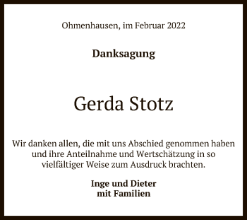 Anzeige von Gerda Stotz von Reutlinger General-Anzeiger