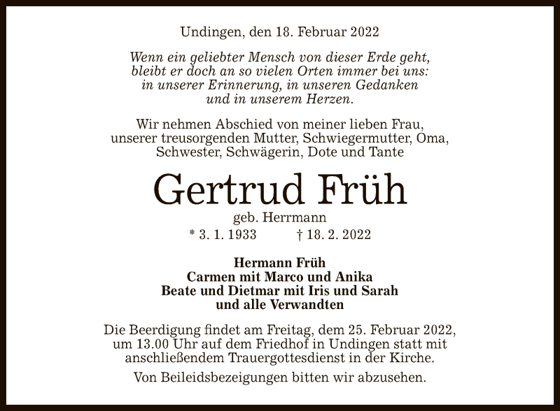  Traueranzeige für Gertrud Früh vom 23.02.2022 aus Reutlinger General-Anzeiger