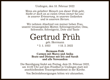 Anzeige von Gertrud Früh von Reutlinger General-Anzeiger