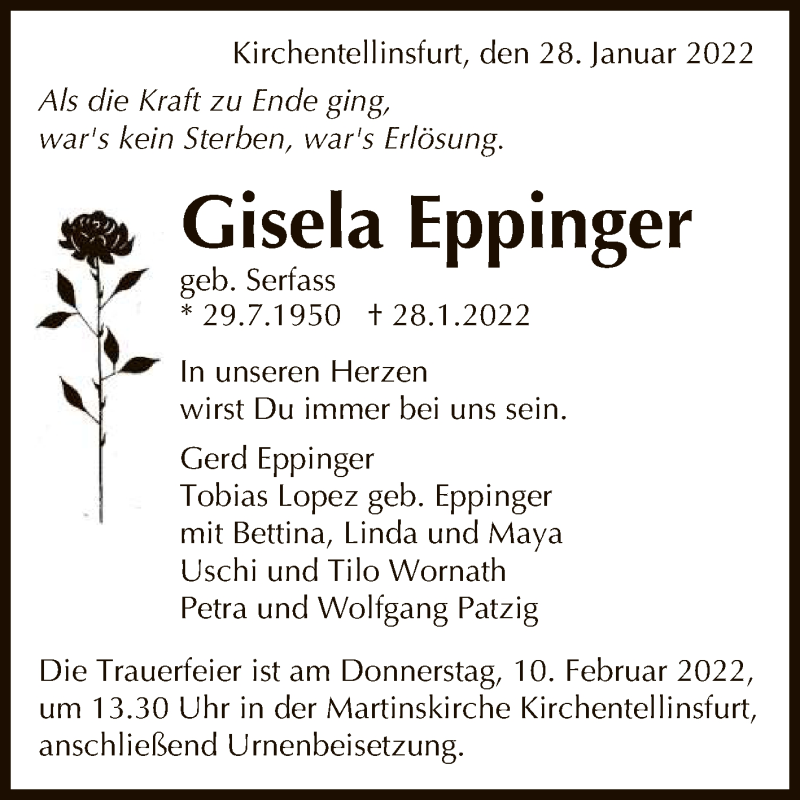  Traueranzeige für Gisela Eppinger vom 05.02.2022 aus Reutlinger General-Anzeiger