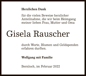 Anzeige von Gisela Rauscher von Reutlinger General-Anzeiger