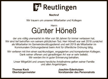 Anzeige von Günter Höneß von Reutlinger General-Anzeiger