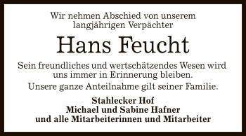 Anzeige von Hans Feucht von Reutlinger General-Anzeiger