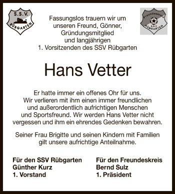 Anzeige von Hans Vetter von Reutlinger General-Anzeiger