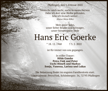 Anzeige von Hans Eric Goerke von Reutlinger General-Anzeiger