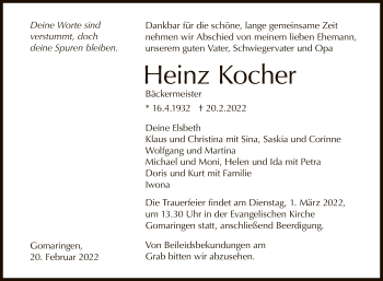 Anzeige von Heinz Kocher von Reutlinger General-Anzeiger