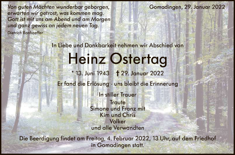  Traueranzeige für Heinz Ostertag vom 02.02.2022 aus Reutlinger General-Anzeiger