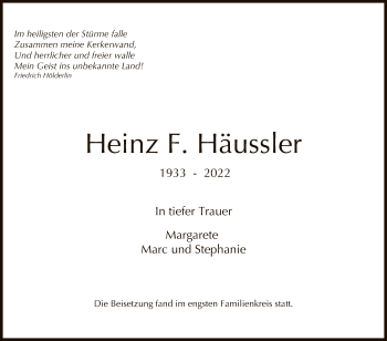 Anzeige von Heinz F. Häussler von Reutlinger General-Anzeiger