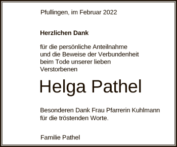 Anzeige von Helga Pathel von Reutlinger General-Anzeiger