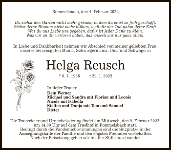 Anzeige von Helga Reusch von Reutlinger General-Anzeiger