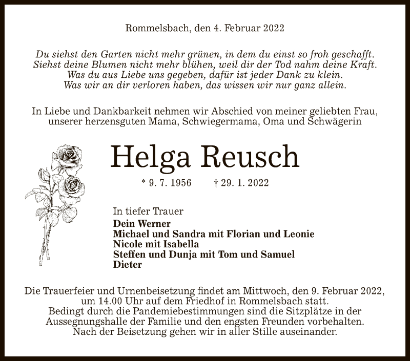  Traueranzeige für Helga Reusch vom 04.02.2022 aus Reutlinger General-Anzeiger