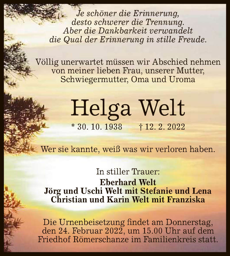  Traueranzeige für Helga Welt vom 19.02.2022 aus Reutlinger General-Anzeiger
