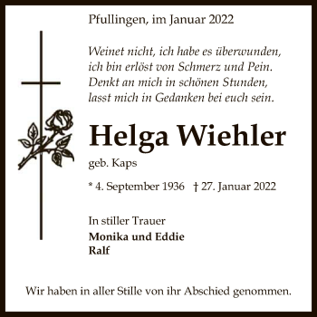 Anzeige von Helga Wiehler von Reutlinger General-Anzeiger