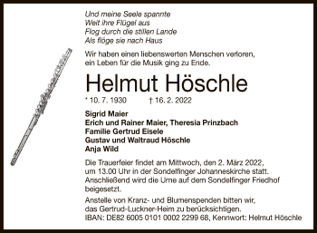 Anzeige von Helmut Höschle von Reutlinger General-Anzeiger