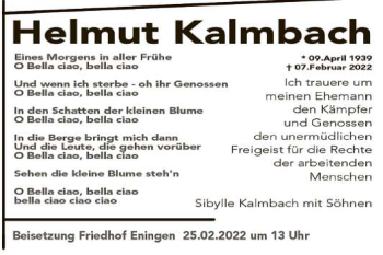 Anzeige von Helmut Kalmbach von Reutlinger General-Anzeiger