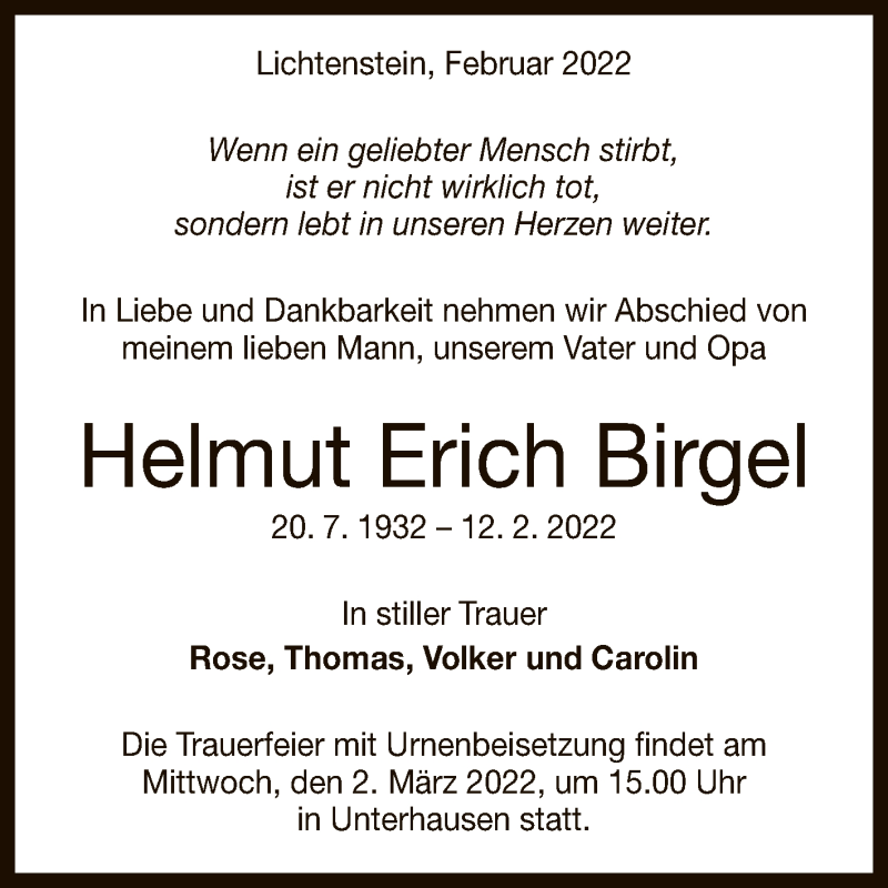  Traueranzeige für Helmut Erich Birgel vom 23.02.2022 aus Reutlinger General-Anzeiger