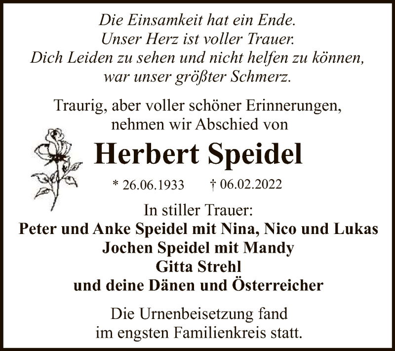  Traueranzeige für Herbert Speidel vom 19.02.2022 aus Reutlinger General-Anzeiger