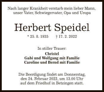 Anzeige von Herbert Speidel von Reutlinger General-Anzeiger