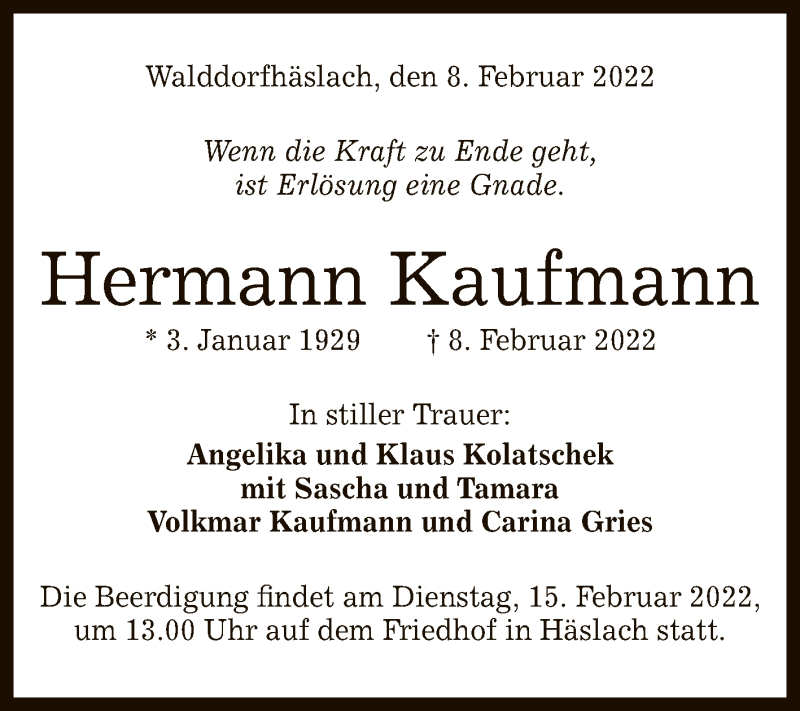  Traueranzeige für Hermann Kaufmann vom 11.02.2022 aus Reutlinger General-Anzeiger