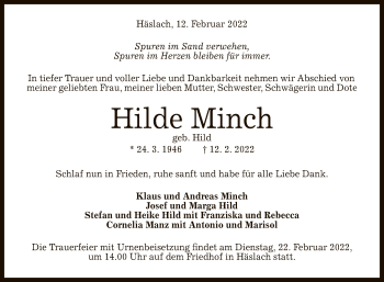 Anzeige von Hilde Minch von Reutlinger General-Anzeiger