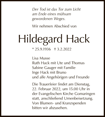 Anzeige von Hildegard Hack von Reutlinger General-Anzeiger