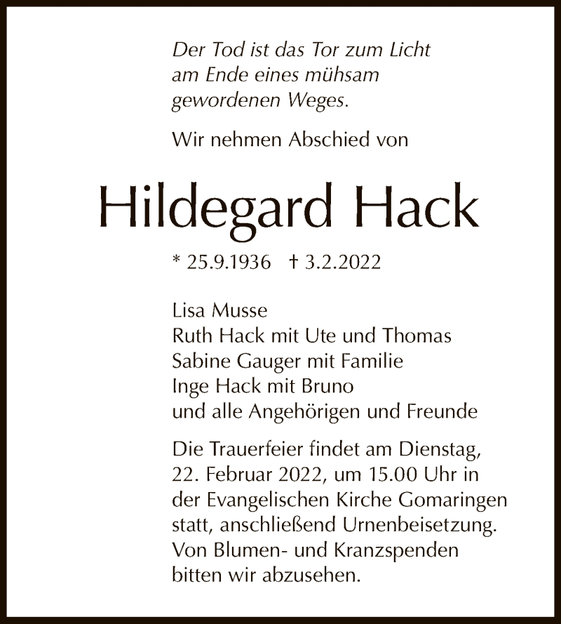  Traueranzeige für Hildegard Hack vom 19.02.2022 aus Reutlinger General-Anzeiger