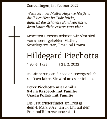 Anzeige von Hildegard Piechotta von Reutlinger General-Anzeiger