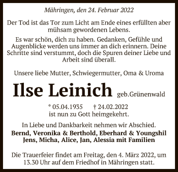 Anzeige von Ilse Leinich von Reutlinger General-Anzeiger