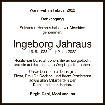 Anzeige von Ingeborg Jahraus von Reutlinger General-Anzeiger