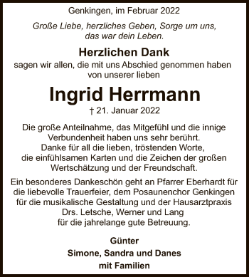 Anzeige von Ingrid Herrmann von Reutlinger General-Anzeiger