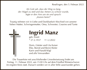 Anzeige von Ingrid Manz von Reutlinger General-Anzeiger
