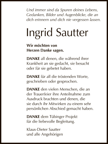 Anzeige von Ingrid Sautter von Reutlinger General-Anzeiger