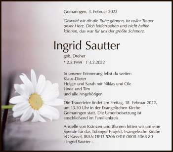 Anzeige von Ingrid Sautter von Reutlinger General-Anzeiger