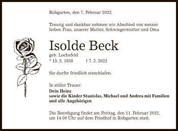 Anzeige von Isolde Beck von Reutlinger General-Anzeiger