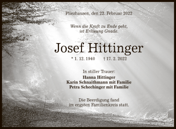 Anzeige von Josef Hittinger von Reutlinger General-Anzeiger