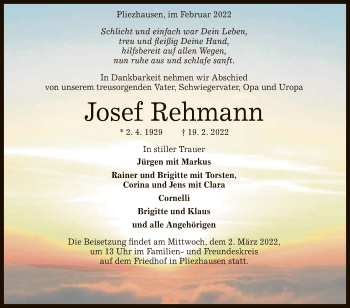 Anzeige von Josef Rehmann von Reutlinger General-Anzeiger