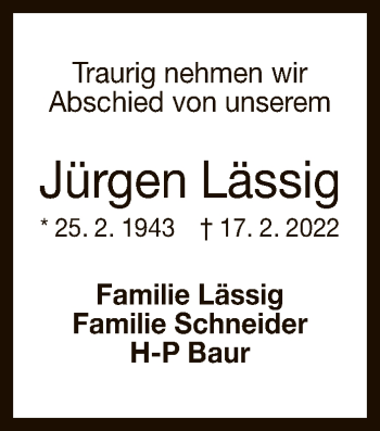 Anzeige von Jürgen Lässig von Reutlinger General-Anzeiger