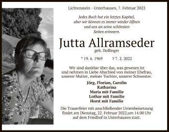 Anzeige von Jutta Allramseder von Reutlinger General-Anzeiger