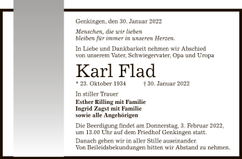 Anzeige von Karl Flad von Reutlinger General-Anzeiger