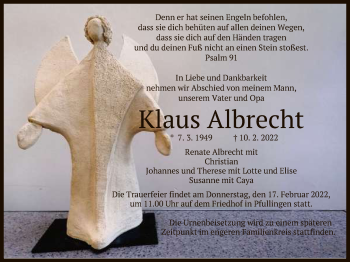 Anzeige von Klaus Albrecht von Reutlinger General-Anzeiger