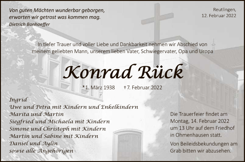  Traueranzeige für Konrad Rück vom 12.02.2022 aus Reutlinger General-Anzeiger
