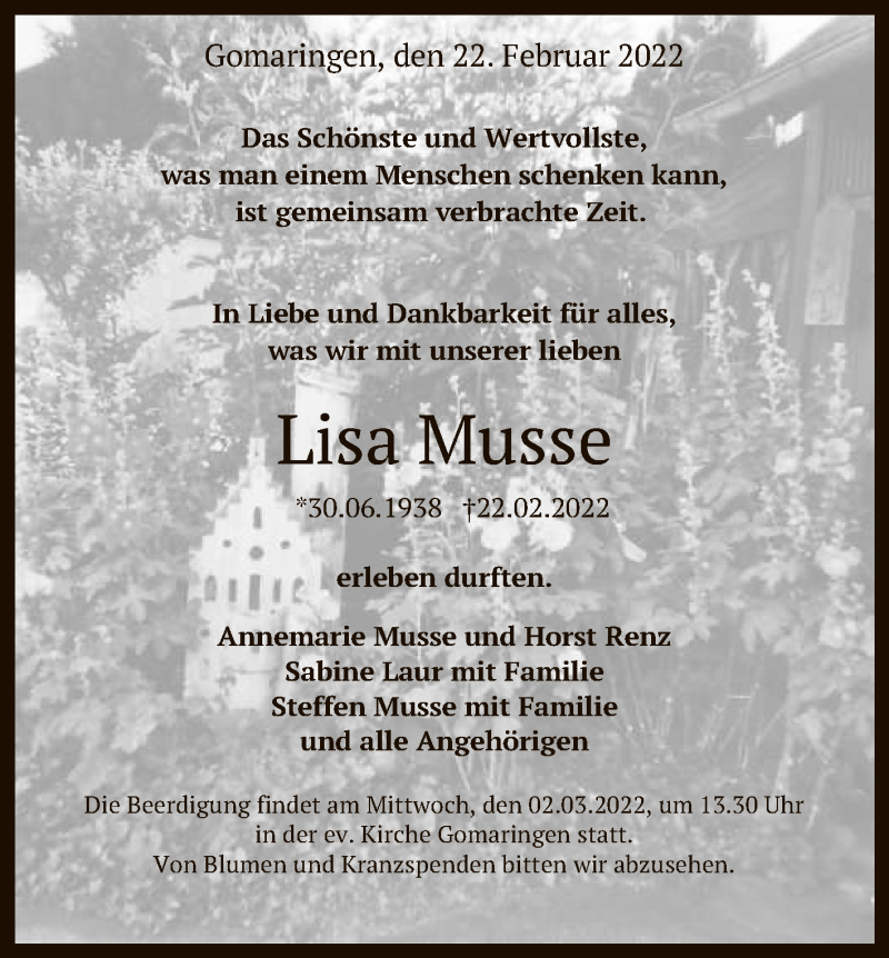  Traueranzeige für Lisa Musse vom 26.02.2022 aus Reutlinger General-Anzeiger