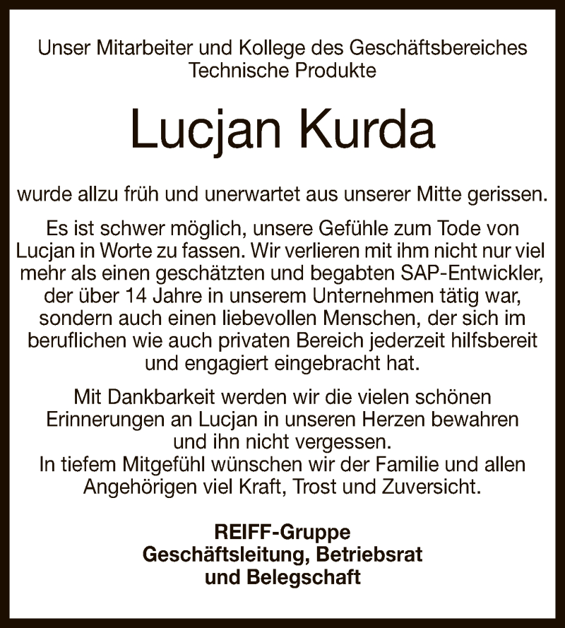  Traueranzeige für Lucjan Kurda vom 19.02.2022 aus Reutlinger General-Anzeiger