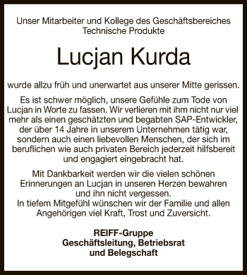 Anzeige von Lucjan Kurda von Reutlinger General-Anzeiger