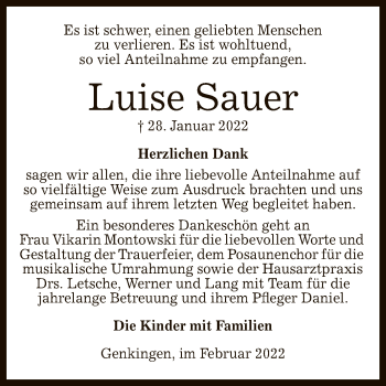 Anzeige von Luise Sauer von Reutlinger General-Anzeiger