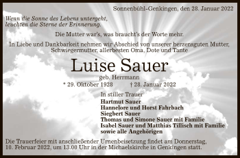 Anzeige von Luise Sauer von Reutlinger General-Anzeiger