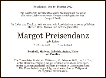 Anzeige von Margot Preisendanz von Reutlinger General-Anzeiger