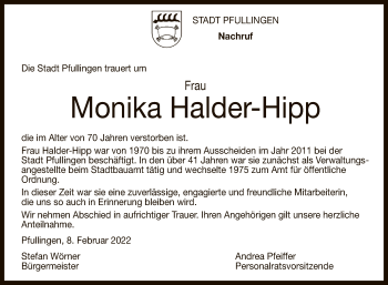 Anzeige von Monika Halder-Hipp von Reutlinger General-Anzeiger