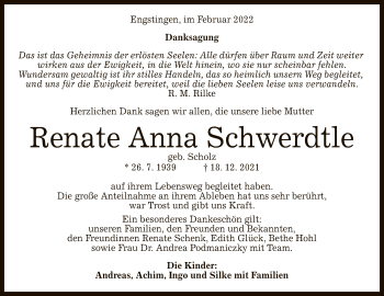 Anzeige von Renate Anna Schwerdtle von Reutlinger General-Anzeiger